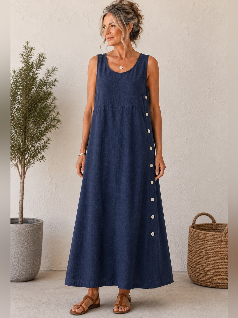 Navy Linen Look Maxi Dress Textured Woven Minimalist Lagenlook